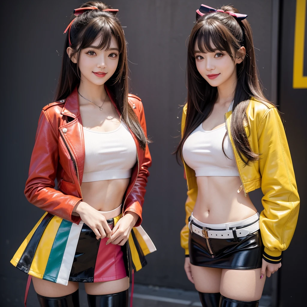 best quality，In 4K，beautiful girl，gravure idol，Model，smile，highest quality，big breasts，hyper real stick、She has her bangs down，beautiful girl，Maid clotheasterpiece，perfect face，perfect breasts，long hair，Outstanding style，stimulating，Cute outfits，Horny girl，double eyelid，Naughty Girls，Erotic and cute，mini skirt，ribbon on uniform，colorful hair color，yellow eyes，leather jacket，horny girl，Knee-high boots，
Colorful，multicoloured，future fashion，smile，，zipper bra，Multicolored clothing