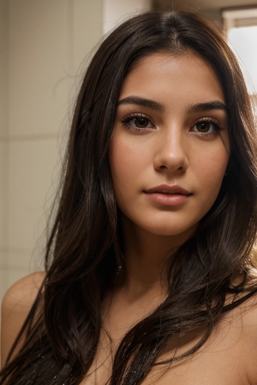 A photorealistic all body of a 21-year-old peruvien girl with long, flowing dark hair . close up. She should have a face with makeup, in the bathroom, Take a shower