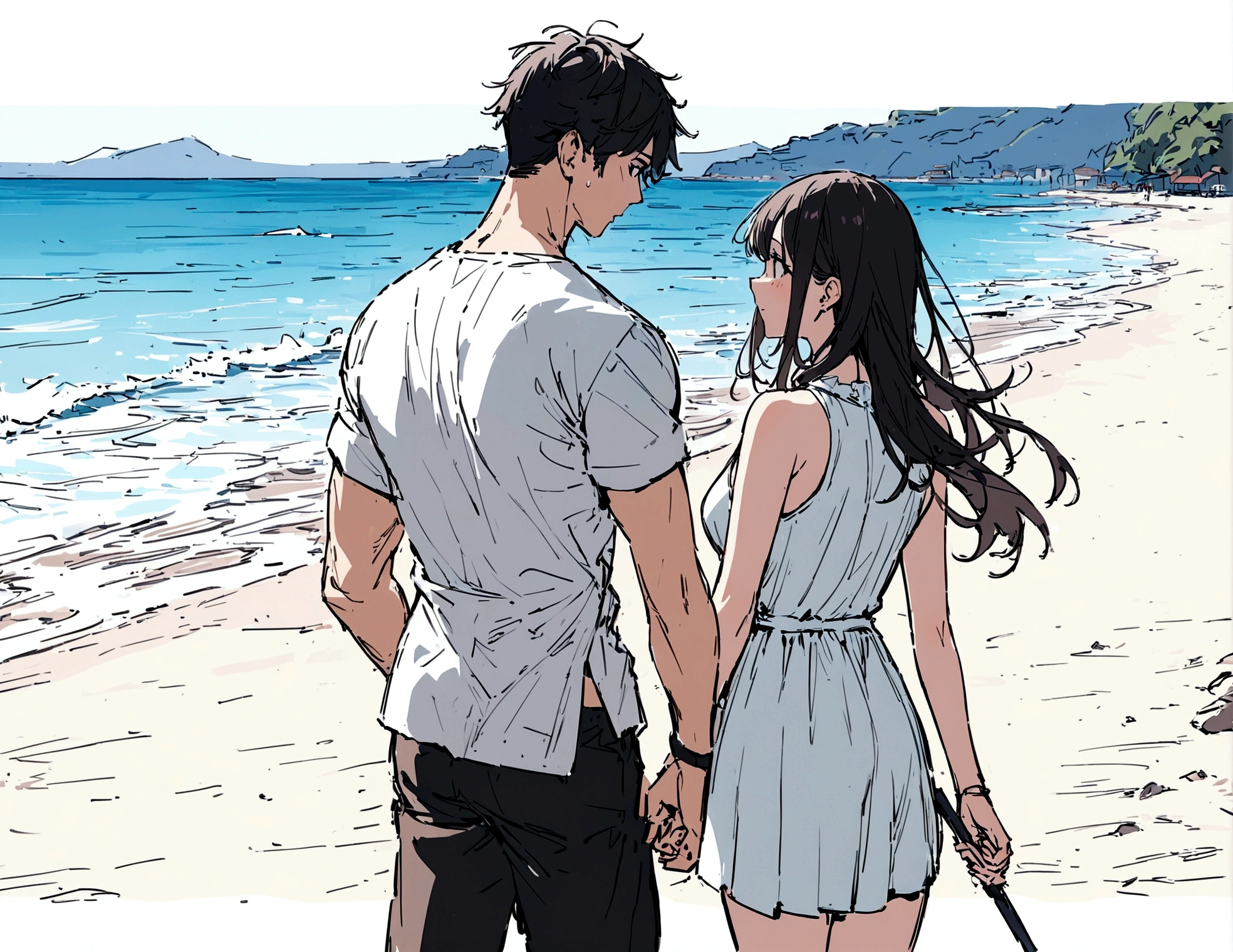 masterpiece,最high quality,Super detailed,High resolution backgrounds,8K,High Resolution,high quality,break,Beach,Man and woman couple,Lightly dressed Japanese manga style, sketch, Colored pencil.