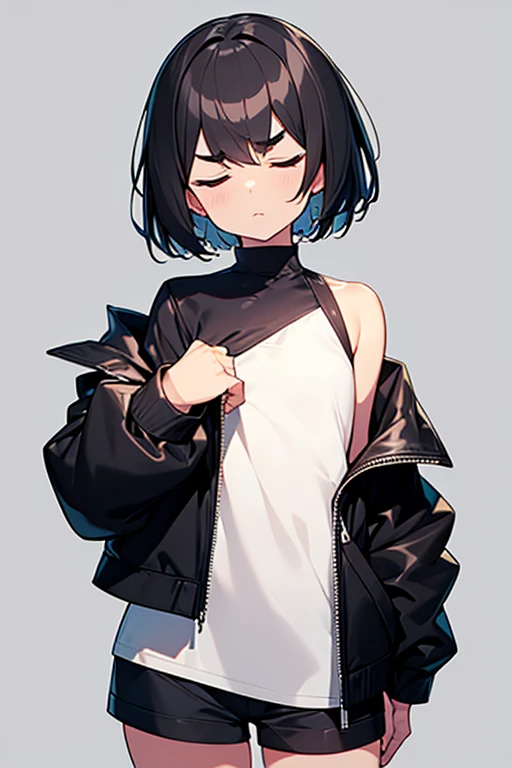 perfect hands,perfect fingers,1girl,flat chest,(short hair:1.3),black hair,standing attention,wearing black jacket,thick eyebrows,simple background,closed eyes,black hotpants,sholder off