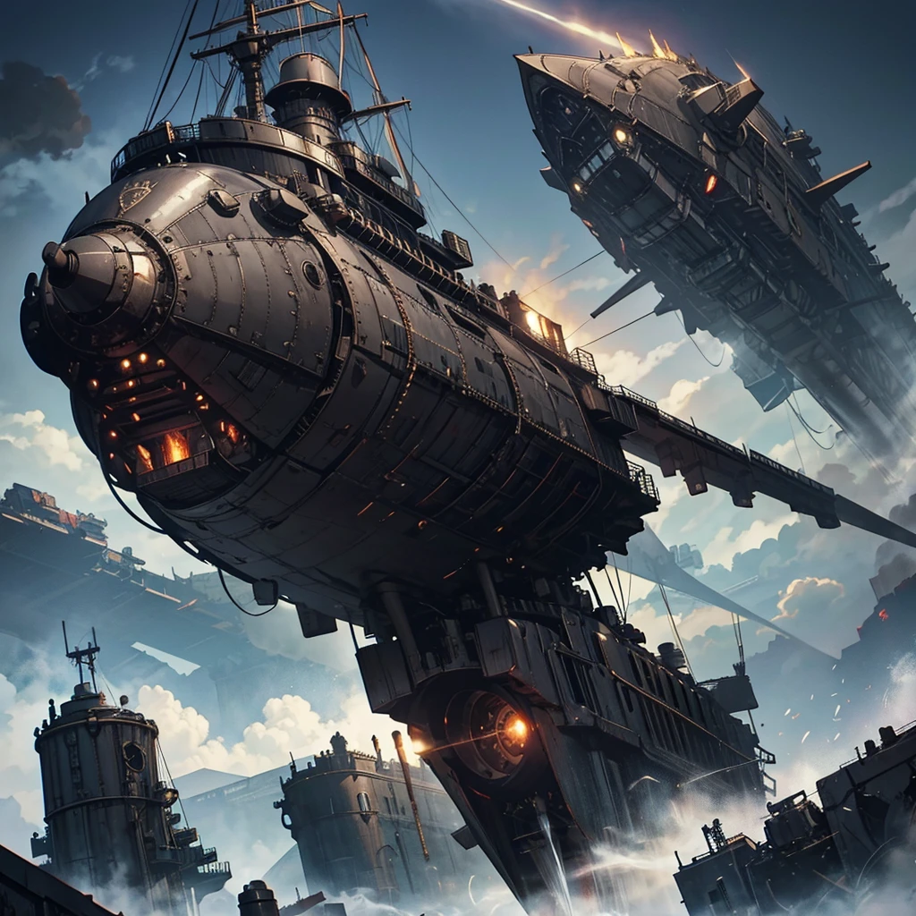 steam engine war dreadnought iron airship dark gothic style, Flying in the Sky, dark atmosfere