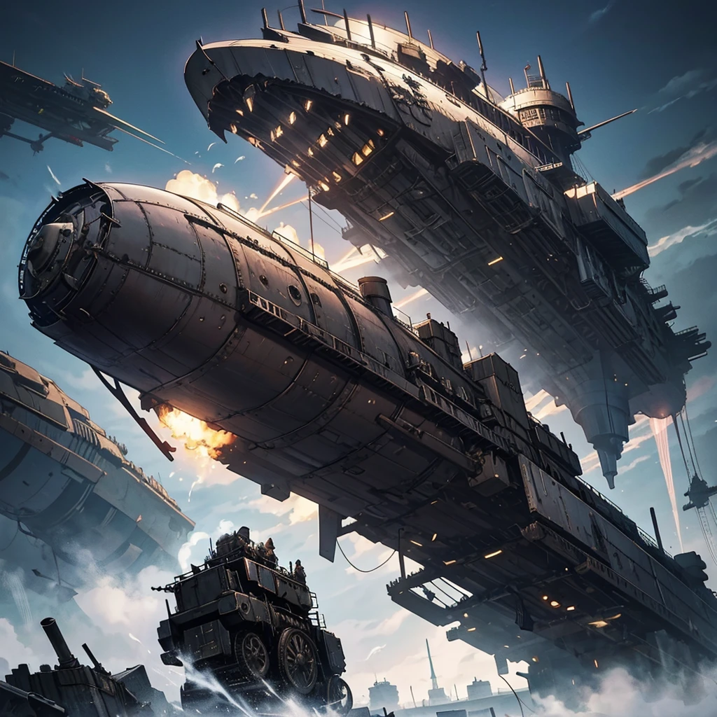 steam engine war dreadnought iron airship dark gothic style, Flying in the Sky, dark atmosfere 