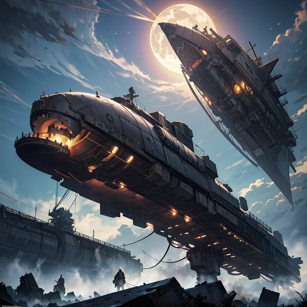 steam engine war dreadnought iron airship dark gothic style, Flying in the Sky, dark atmosfere 