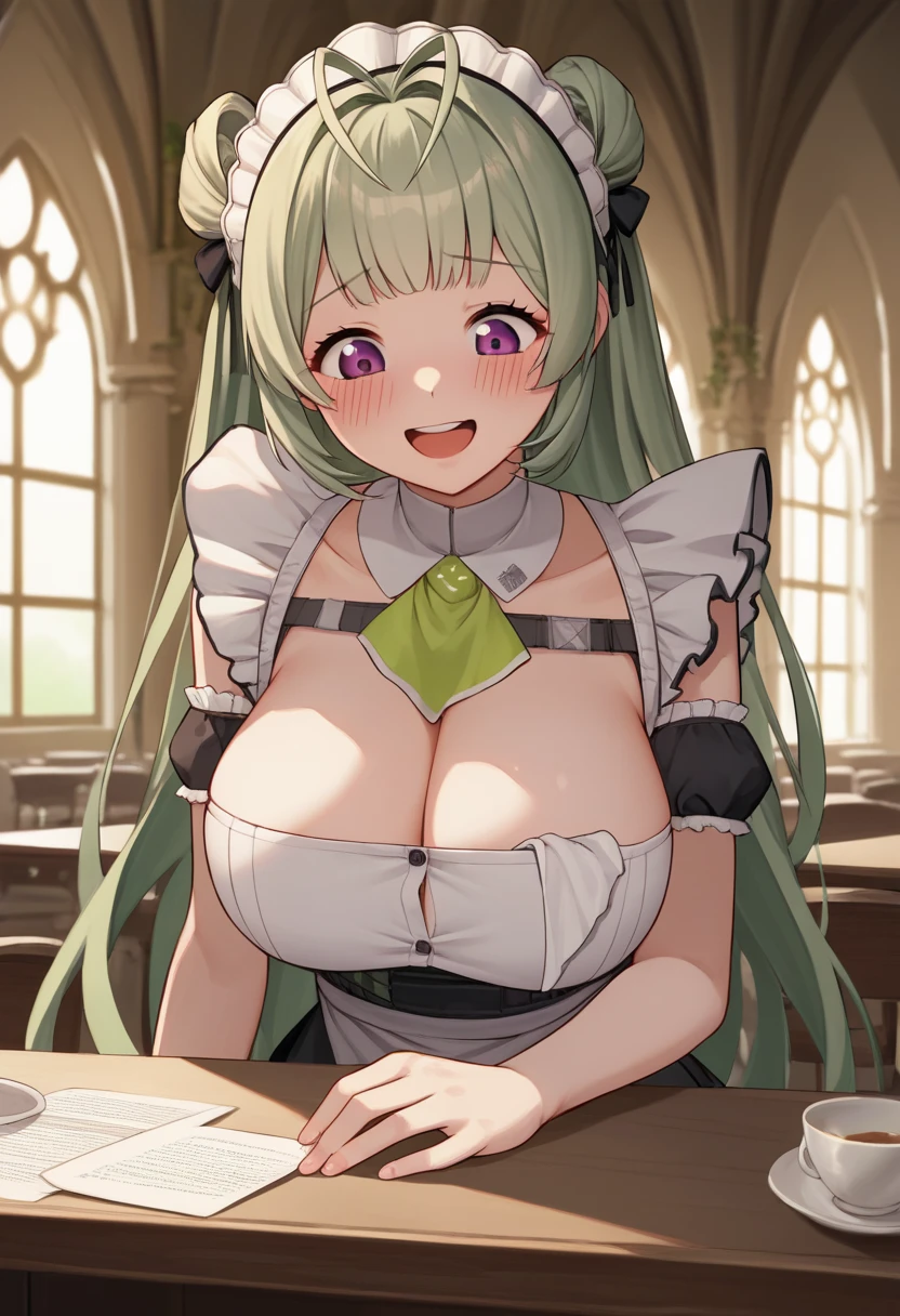 score_9, score_8_up, score_7_up, source_anime, BREAK 1girl, sdrnd, purple eyes, green hair, long hair, bangs, double bun, antenna hair, big breasts, blush, , smile, shy, embarrassed, smile, , maid, mansion, room, looking down, from bellow, seductive smile, table, happy, very happy, open mouth
