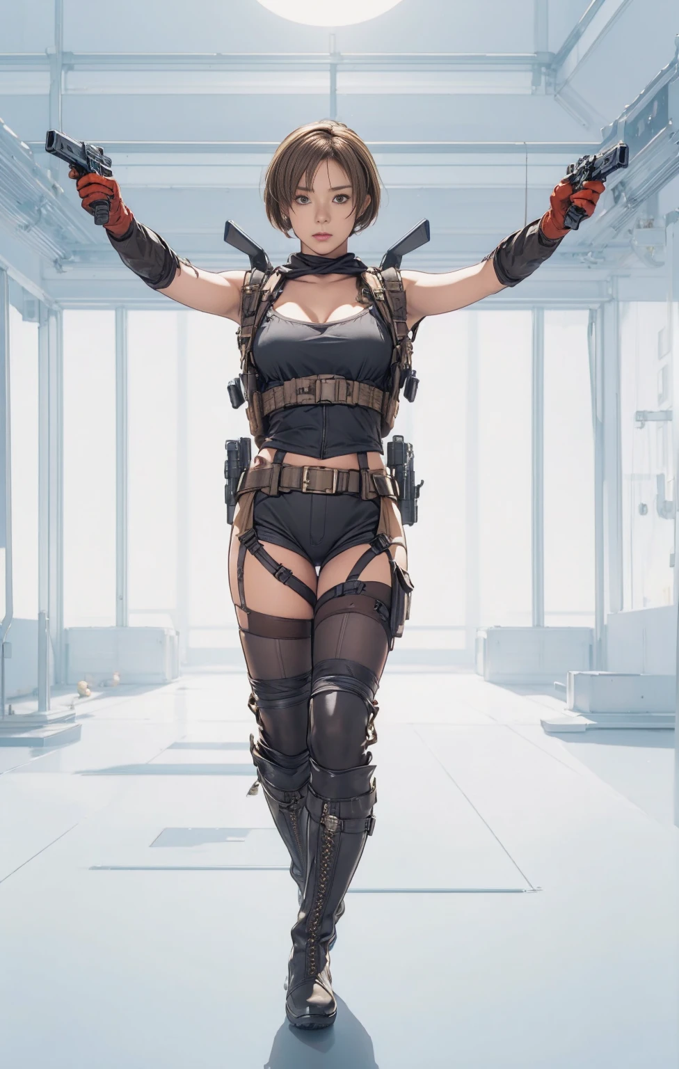 Elaizaikedareal, 1girl, solo, short hair, skirt, blonde hair, red eyes, gloves, ponytail, weapon, pantyhose, hairband, boots, holding weapon, gun, black pantyhose, rifle, one knee, sniper rifle, scope, shell casing