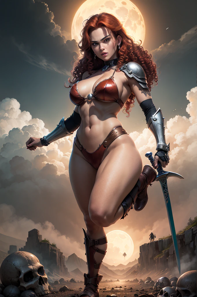 (​masterpiece、4K resolution、A hyper-realistic、ighly detailed)、(Warrior Superheroes theme、Red Sonja、There is a girl in a Red Sonja costume holding a sword above cloudy sky with skulls near ground、She's a superhero)、 [((25-years old)、(Long red curly hair:1.2)、full body Esbian、(brown eyess:1.2)、((Red Sonja Pose)、show of strength、Jump over skulls)、((Sandy cloudy environment):0.8)|(A mountainy scape、natta、Dinamic Light)、(fullmoon)]#illustrate:Prompts are mainly ultra high definition、very real、Describes highly detailed 4K paintings。A superheroine in a Red Sonja costume holding sword with cloudy sky with skulls near ground。The photo theme is a warrior superhero theme。(((posterior view))), Wide-angle lens shooting, Neon lights, (((Shooting from below))),