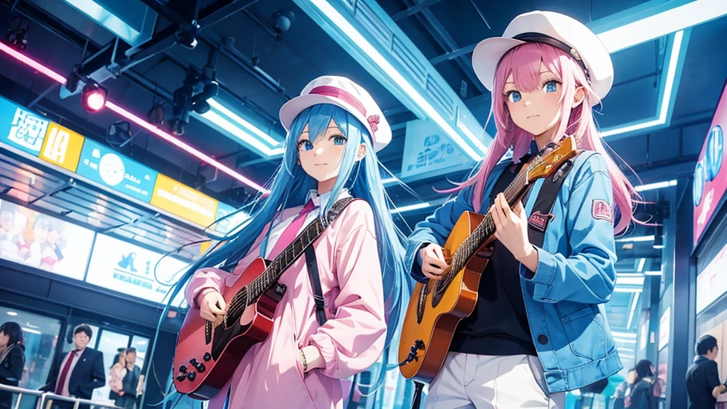 Anime style illustration with a vibrant city background similar to Shibuya. The main characters are a girl with long blue hair and blue eyes wearing a  with a pink tie, and a boy with short blue hair wearing a white suit and hat. In this image, the boy has a guitar strapped to his back, standing confidently with one hand in his pocket, while the girl is standing next to him with a gentle smile. The background remains colorful with musical notes floating around."