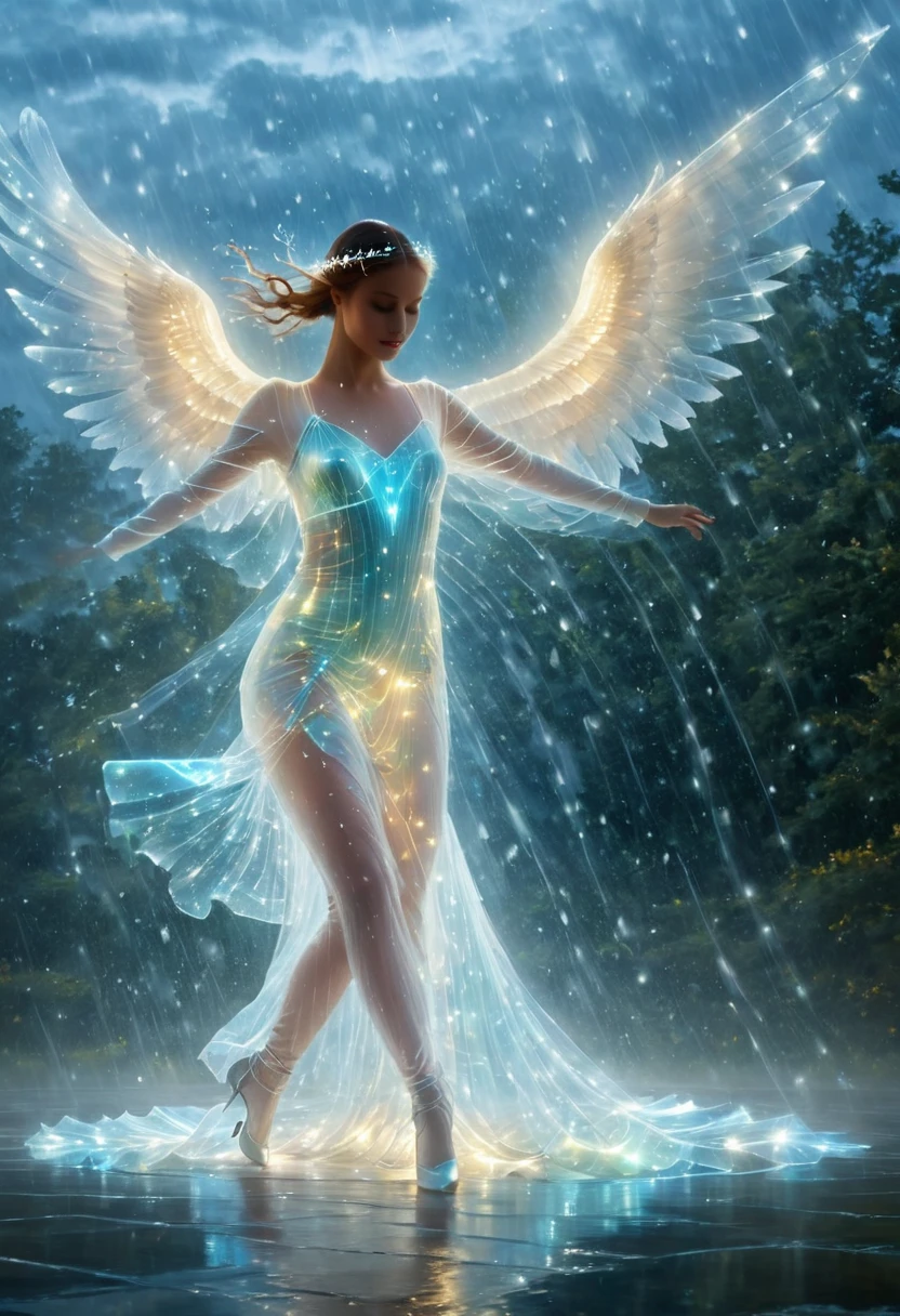 Une sublime danseuse au corp translucide qui danse sous la pluie dans le ciel, ailes déployés sous la pluie, sans protection, corps translucide fait d’eau de pluie qui coule sur elle, Jour de pluie, un pas de danse, bioluminescent water dress, translucent angel, courbes poétique et sensuelle, effet holographique qui sort de la photo, scène extrêmement détaillée, hyperréaliste, Des détails sublimes. Un travail vraiment remarquable, travail joyeux et sensuel, danse dynamique, danse classique, intricate 