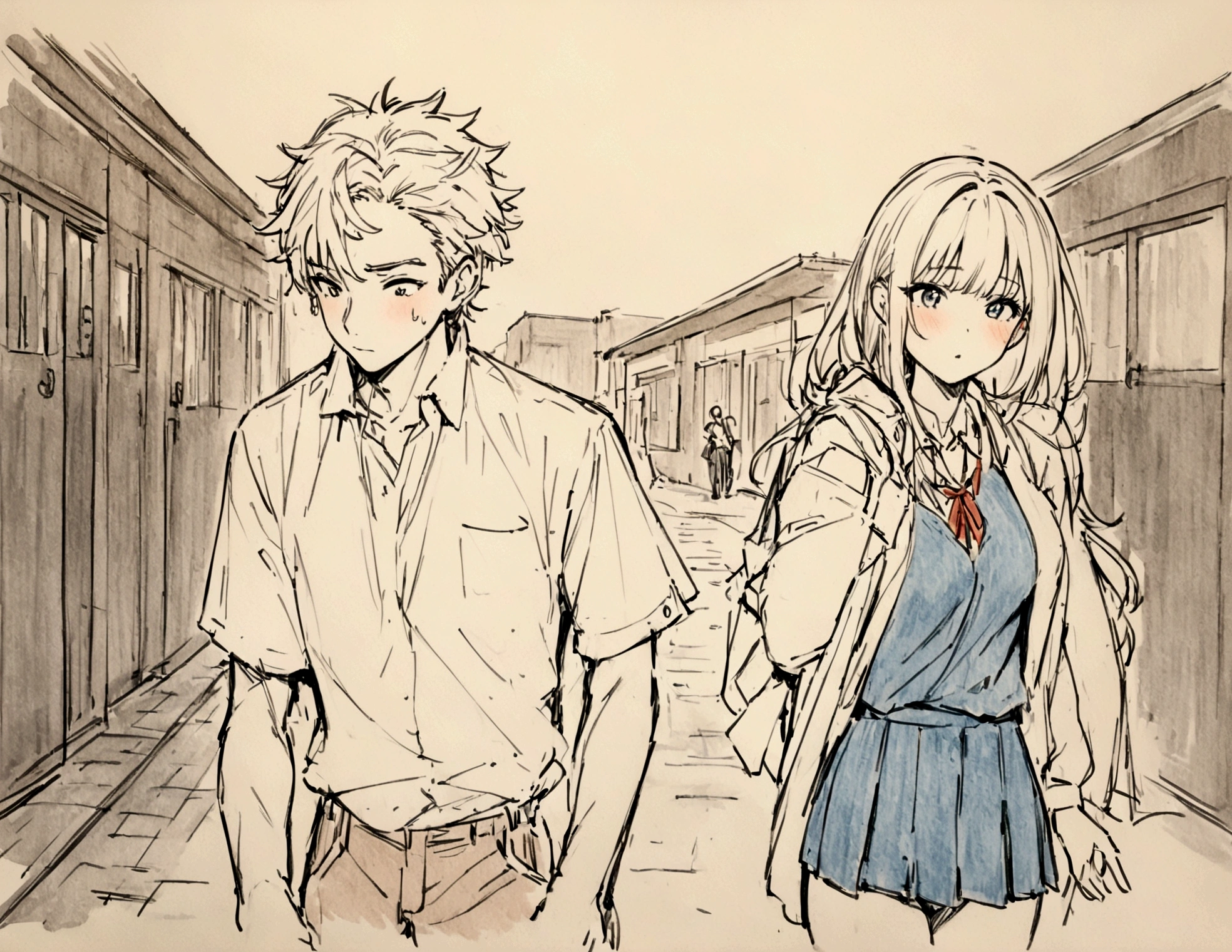 masterpiece,最high quality,Super detailed,High resolution backgrounds,8K,High Resolution,high quality,break,School,high school student,Man and woman couple,Lightly dressed Japanese manga style, sketch, Colored pencil.