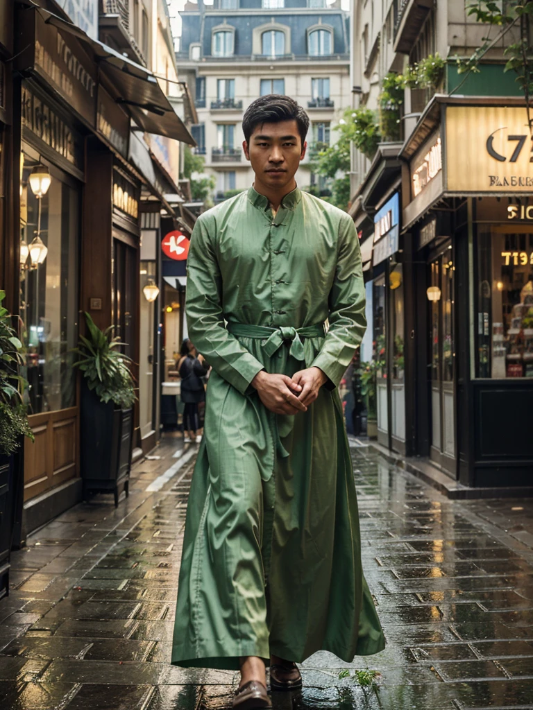 Realistic 4D quick about dynamic pose of Asian man with vintage Eiffel Tower background, wearing long dress, Paris street with flower shops and cafes, raindrops on green leaves, detail, soft lighting, romantic atmosphere, high resolution.