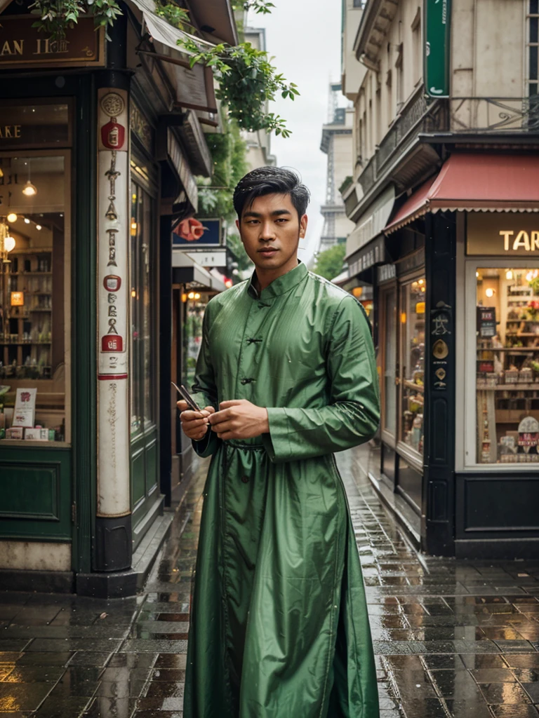 Realistic 4D quick about dynamic pose of Asian man with vintage Eiffel Tower background, wearing long dress, Paris street with flower shops and cafes, raindrops on green leaves, detail, soft lighting, romantic atmosphere, high resolution.