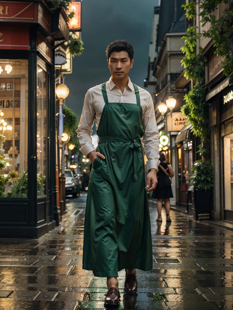 Realistic 4D quick about dynamic pose of Asian man with vintage Eiffel Tower background, wearing long dress, Paris street with flower shops and cafes, raindrops on green leaves, detail, soft lighting, romantic atmosphere, high resolution.

