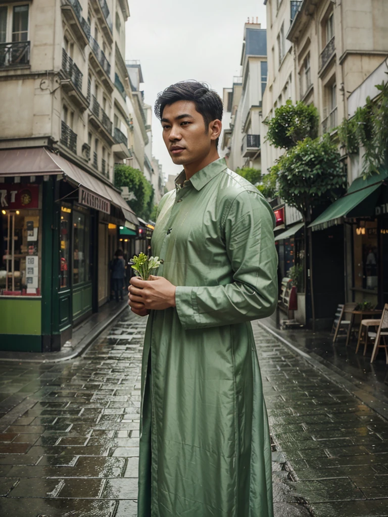 Realistic 4D quick about dynamic pose of Asian man with vintage Eiffel Tower background, wearing long dress, Paris street with flower shops and cafes, raindrops on green leaves, detail, soft lighting, romantic atmosphere, high resolution.