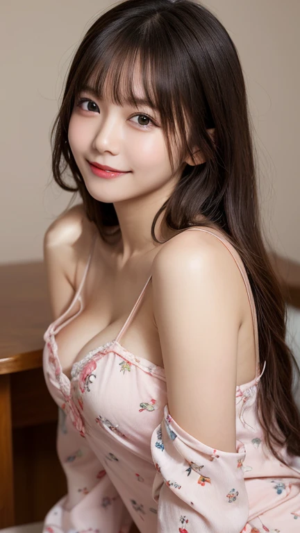Tabletop, Highest quality, shape, Very detailed, In detail, High resolution, 8k wallpaper, Perfect dynamic composition, Beautiful attention to detail, Natural Lip, Cute pajamas, Small breasts, Random sexy poses,long hair,RAW Photos,Cute🩷,smile