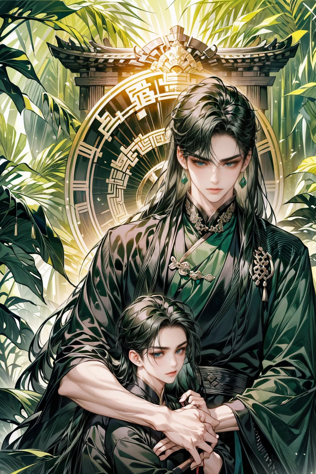 1 boy holds a Ogi Fan in his hand, long black hair，black hair, thick hair, (((thick black long hair,green dress)))，alone，bamboo forest,slim figures,  chinese house,（nighttime：1.2）long black hair, black eyes,Chinese style ，savant,super  detail, 