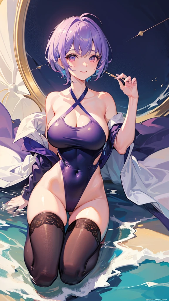 
Highest quality, shape, Very detailed, In detail, High resolution, 8k wallpaper, Perfect dynamic composition, Beautiful details, Center of chest, Natural color lip, Random sexy poses,smile,20-year-old girl,Huge ,A woman with a pixie cut wearing a purple halter neck one piece swimsuit