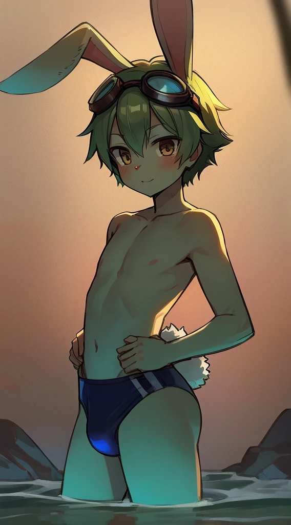 ((Furry, kemono)), 2D furry Shota, swimming_suit，standing，goggles, rabbit_ear, rabbit_tail, nude, green_body_fur, only speedo, bunny boy