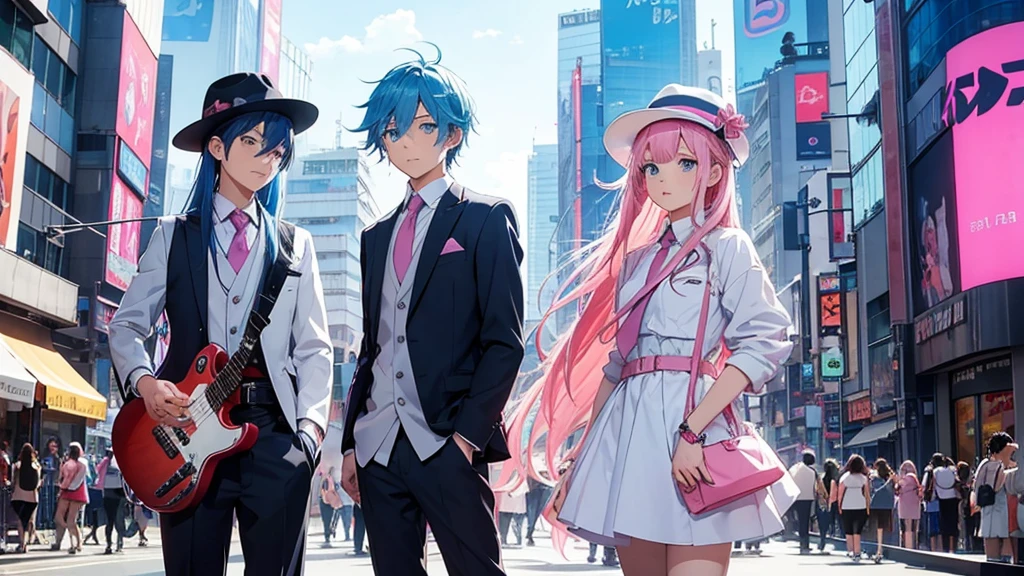 Anime style illustration with a vibrant city background similar to Shibuya. The main characters are a girl with long blue hair and blue eyes wearing a with a pink tie, and a boy with short blue hair wearing a white suit and hat. In this image, the boy has a guitar strapped to his back, standing confidently with one hand in his pocket, while the girl is standing next to him with a gentle smile. The background remains colorful with musical notes floating around."