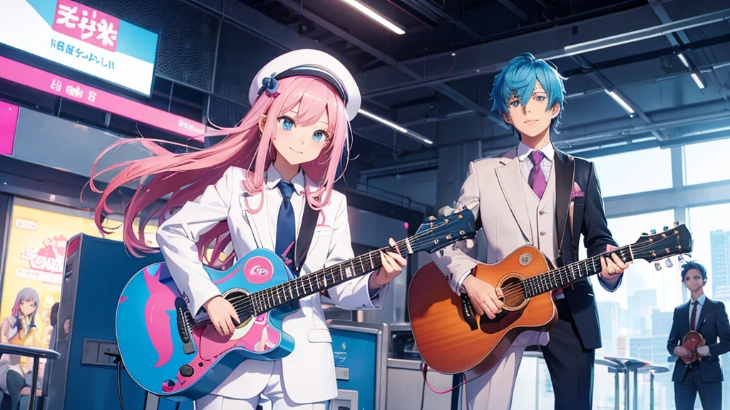 Anime style illustration with a vibrant city background similar to Shibuya. The main characters are a girl with long blue hair and blue eyes wearing a with a pink tie, and a boy with short blue hair wearing a white suit and hat. In this image, the boy has a guitar strapped to his back, standing confidently with one hand in his pocket, while the girl is standing next to him with a gentle smile. The background remains colorful with musical notes floating around."