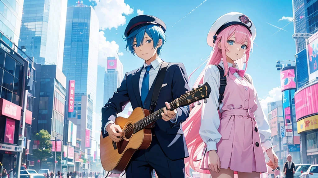 Anime style illustration with a vibrant city background similar to Shibuya. The main characters are a girl with long blue hair and blue eyes wearing a with a pink tie, and a boy with short blue hair wearing a white suit and hat. In this image, the boy has a guitar strapped to his back, standing confidently with one hand in his pocket, while the girl is standing next to him with a gentle smile. The background remains colorful with musical notes floating around."