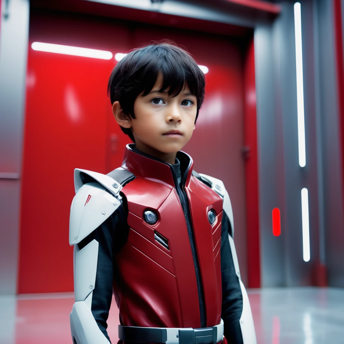 Shinji Ikari Photo,Boy Futuristic red hangar door background, Medium Shot, 8K Ultra HD, Digital SLR, Cinema Lighting,
