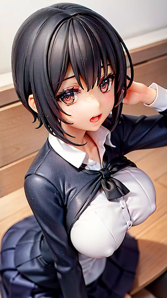 (intricate and super detailed anime style cute illustration),black hair,short hair,school blezer uniform,big breasts,
open mouth,