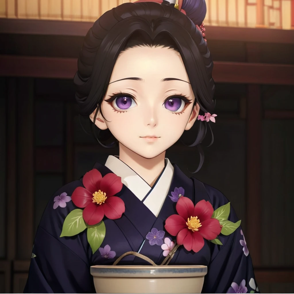 Woman in kimono outfit with flowers and a pot, kimetsu no yaiba, realistic style, maya fey from ace attorney, shalltear from overlord, realistic visual of a woman, beautiful woman, high quality, high detail