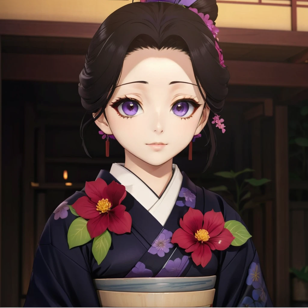 Woman in kimono outfit with flowers and a pot, kimetsu no yaiba, realistic style, maya fey from ace attorney, shalltear from overlord, realistic visual of a woman, beautiful woman, high quality, high detail