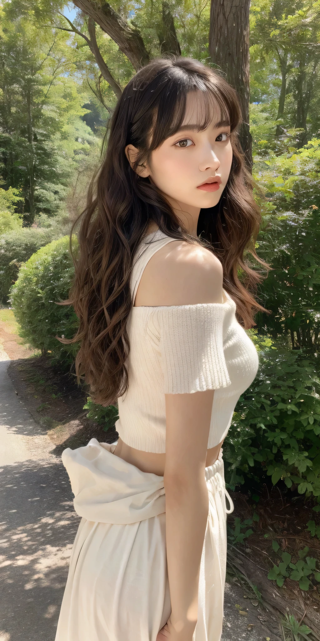 8k, best quality, masterpiece, highly detailed, semi realistic, a girl, a girl, 20 years old, looking at hands, long dark brown hair with bangs, curly hair, green eyes, black Japanese style cut clothes, white pants, bare shoulders, golden details, thin figure, cold expression, battle scenes, outdoors, forest background, with many trees and dark sky