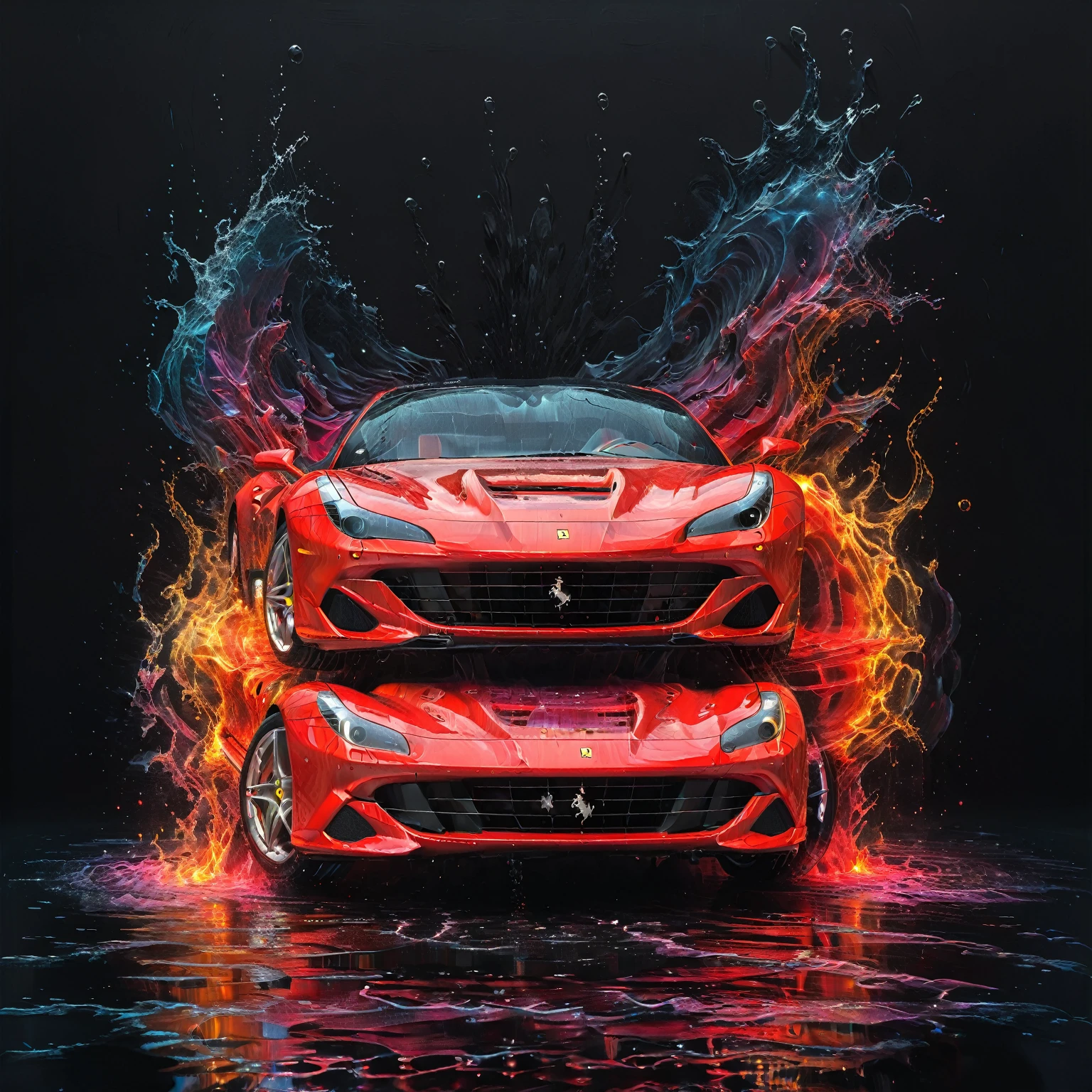 internal, a red Ferrari car parked, simplistic, black room, lights, highy detailed, cinematic, colorfully, sneezing, reflections, water, energy, flowy, ripples, engraved, fogo Artme, black backdrop