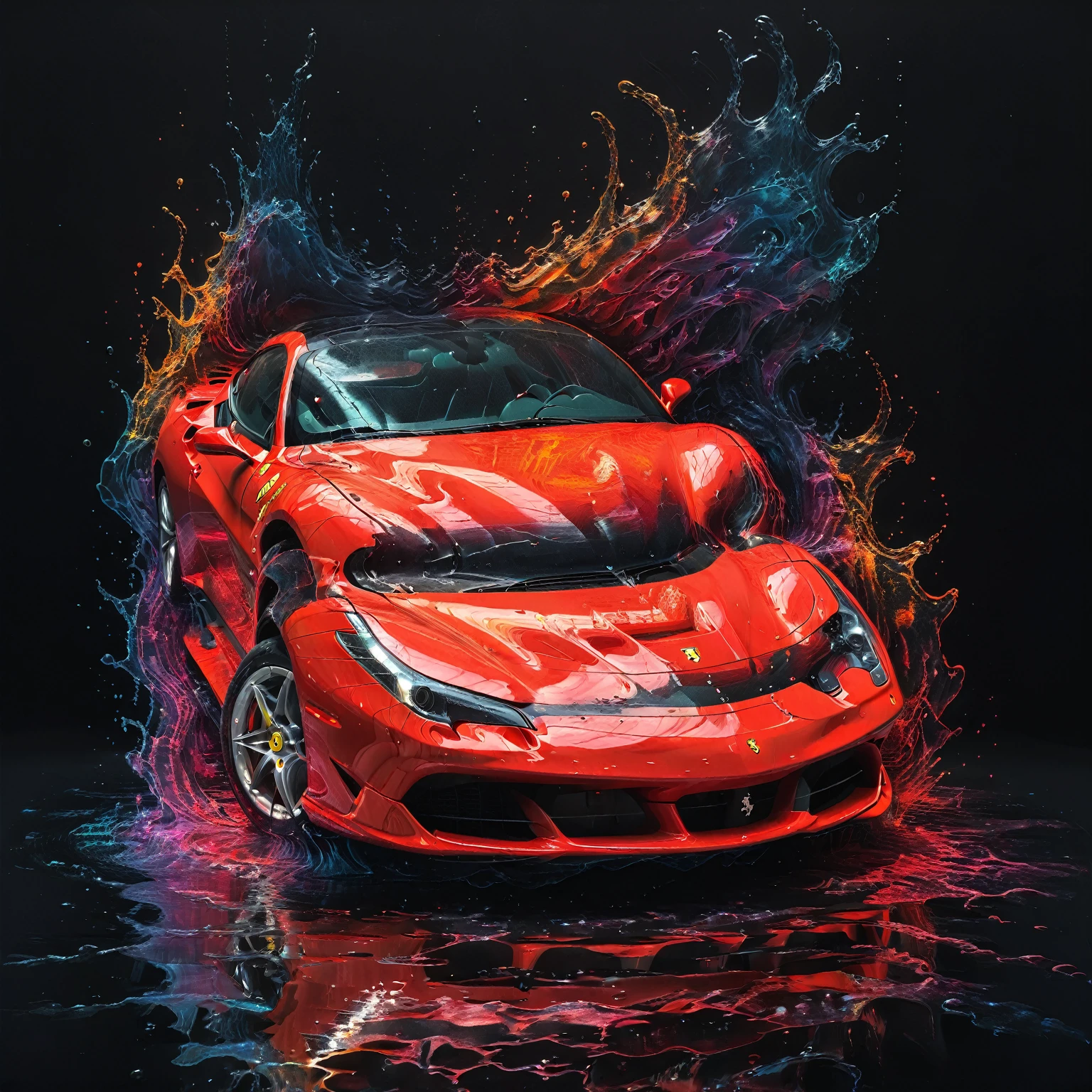 internal, a red Ferrari car parked, simplistic, black room, lights, highy detailed, cinematic, colorfully, sneezing, reflections, water, energy, flowy, ripples, engraved, fogo Artme, black backdrop