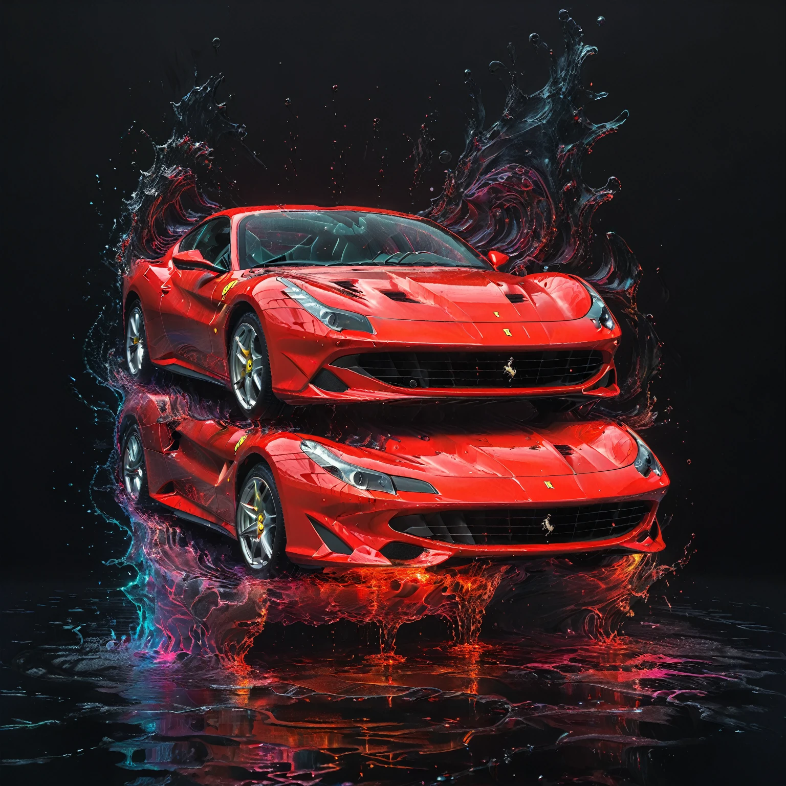 internal, a red Ferrari car parked, simplistic, black room, lights, highy detailed, cinematic, colorfully, sneezing, reflections, water, energy, flowy, ripples, engraved, fogo Artme, black backdrop