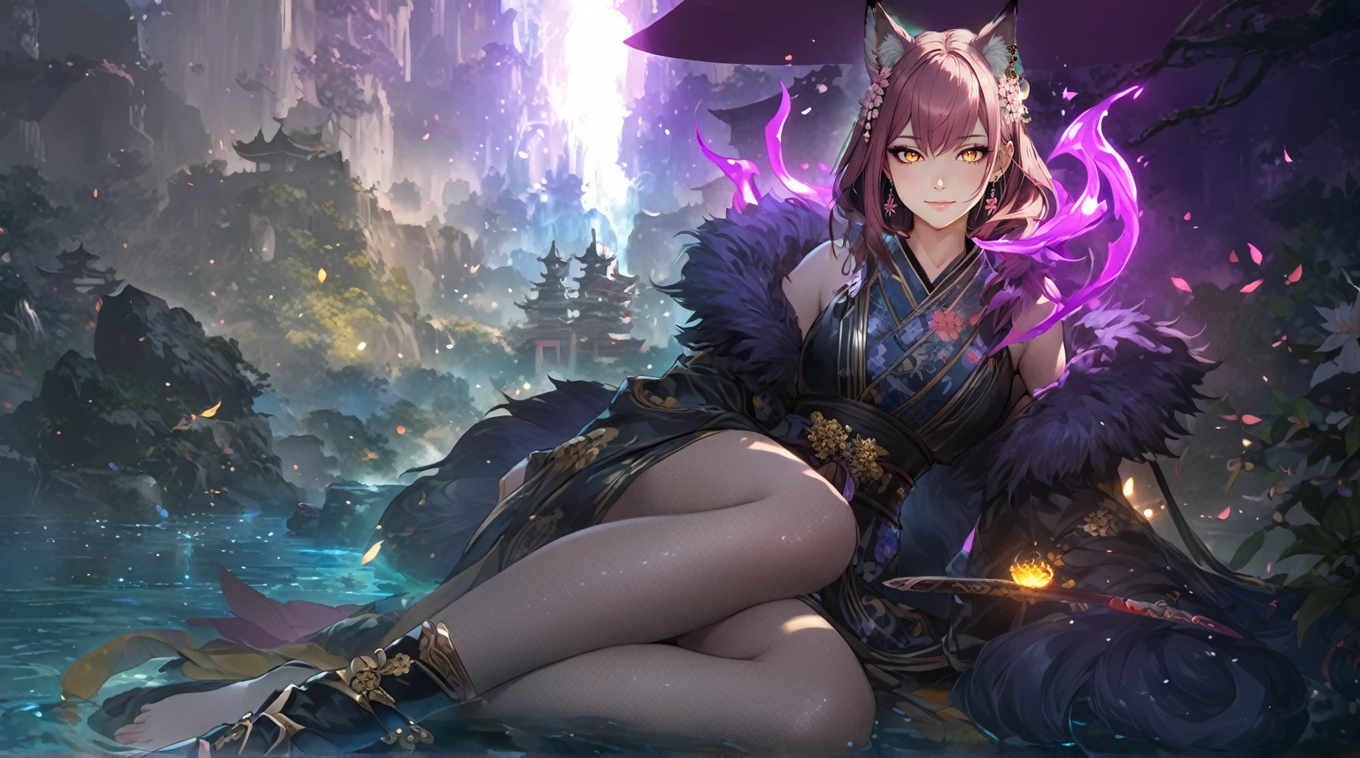 masterpiece, best quality, 1 girl, female focus, solo, Fantasy aesthetics, Highly detailed, shadowverse style. demon fox, japanese style