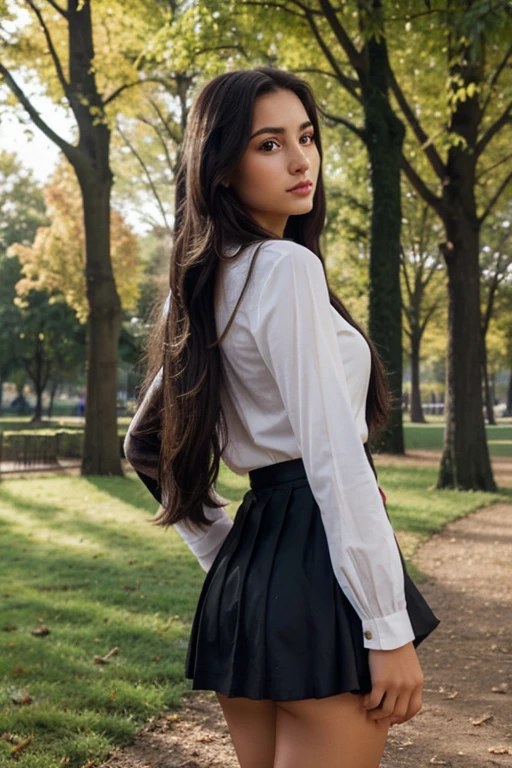 A photorealistic all body of a 21-year-old peruvien girl with long, flowing dark hair . close up. She should have a face with makeup, tenue skirt in the parc in a book