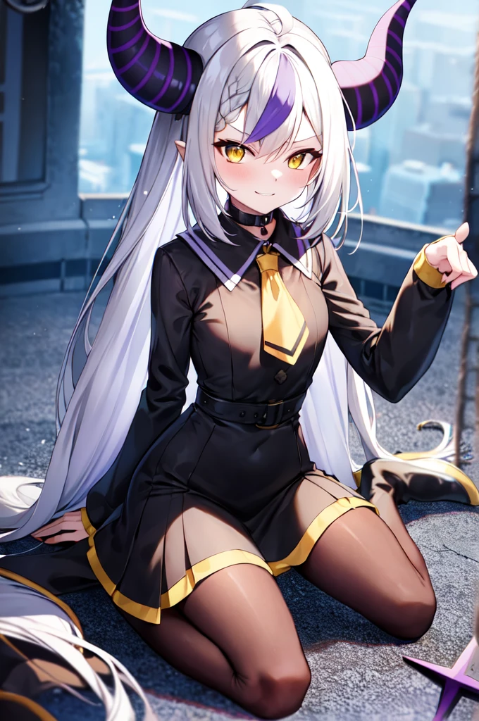 sleeves past wrists, sleeves past fingers, braid, Long sleeves, single leg pantyhose, yellow ascot, ascot, Black footwear, Dress, Metal collar, long boots, Black Dress, Collar, pantyhose, single thighhigh,Evil smile,Sitting on the ground looking at the planet, cyberspace, floating next to the planet, modern sci-fi animation