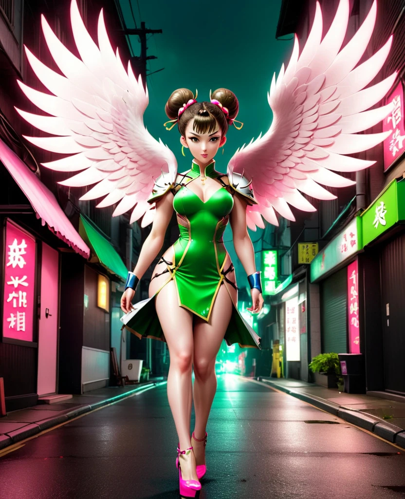 anime 4D Chun LI + Sakura girl sexy angels bright white wings big tits spiky mohawk hair dress V-cuts walking on a gloomy dark street in neon pink high heels scared style photo realism, fully detailed drawing in black and black and only the big green eyes
