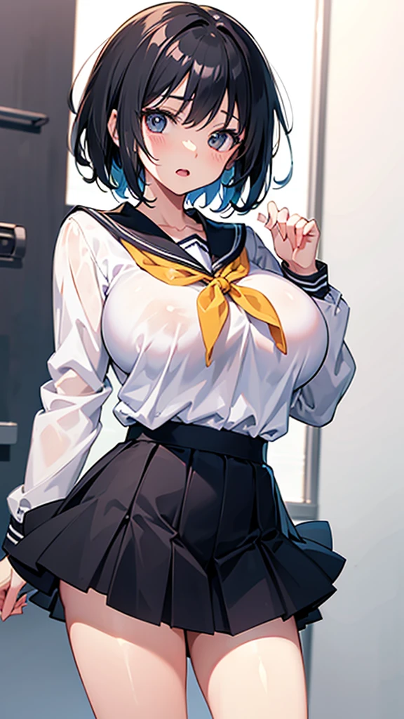 (intricate and super detailed anime style cute illustration),black hair,short hair,school blezer uniform,big breasts,
open mouth,