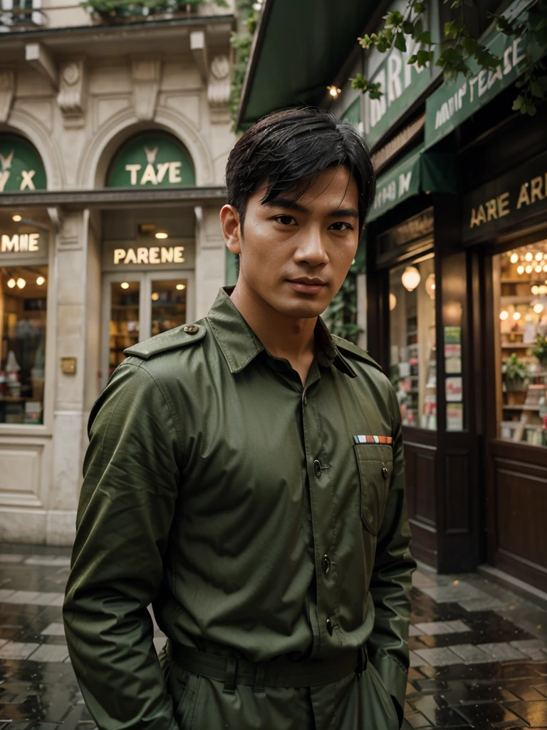 Realistic 4D quick about dynamic pose of Asian man with vintage Eiffel Tower background, wearing army uniform, Parisian street with flower shops and cafes, raindrops on green leaves, detail, soft lighting, romantic atmosphere, high resolution.

