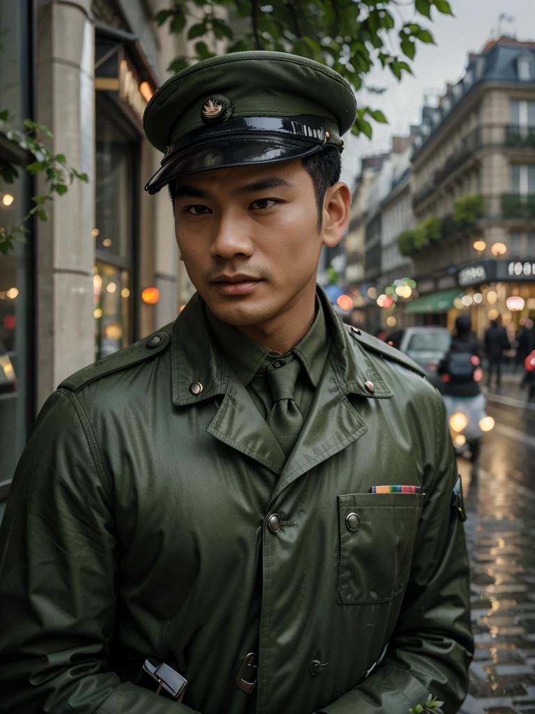 Realistic 4D quick about dynamic pose of Asian man with vintage Eiffel Tower background, wearing army uniform, Parisian street with flower shops and cafes, raindrops on green leaves, detail, soft lighting, romantic atmosphere, high resolution.