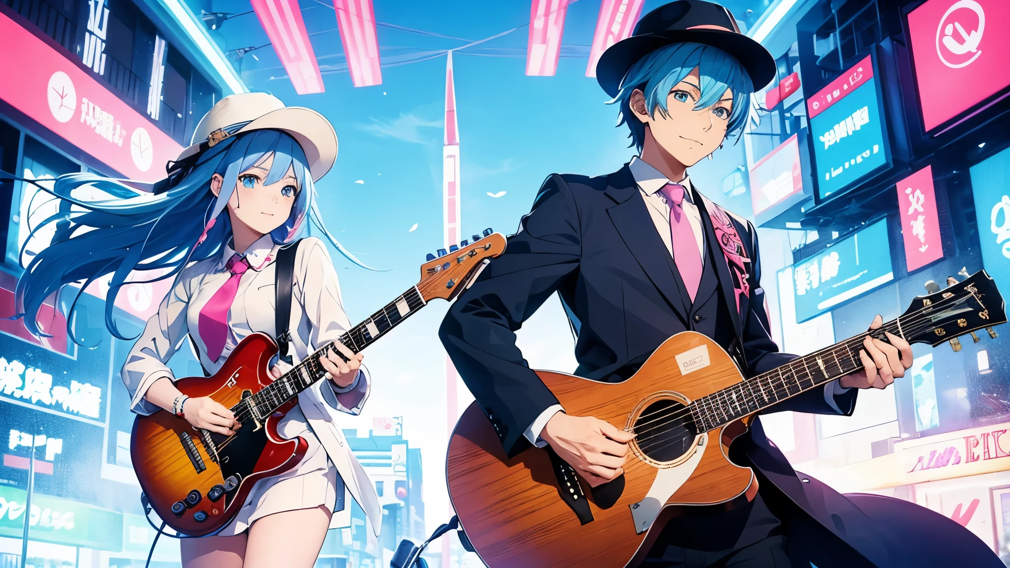 Anime style illustration with a vibrant city background similar to Shibuya. The main characters are a girl with long blue hair and blue eyes wearing a with a pink tie, and a boy with short blue hair wearing a white suit and hat. In this image, the boy has a guitar strapped to his back, standing confidently with one hand in his pocket, while the girl is standing next to him with a gentle smile. The background remains colorful with musical notes floating around."