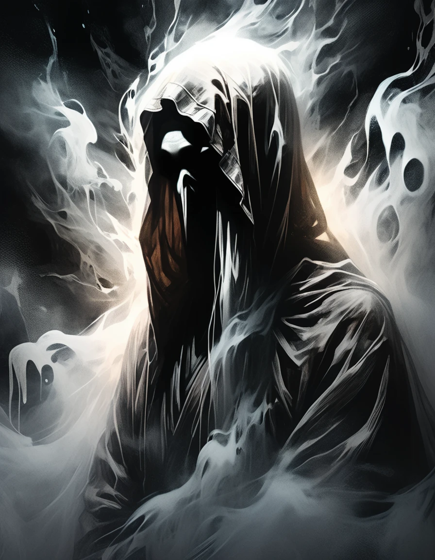 close up portrait of ghosts of Buddhist monks, many ghosts, without faces, shadows, night, jungle, fog,  graphic style of novel comics,dark novel style, comic, 2d, 8k, hyperrealism, masterpiece, high resolution, best quality, ultra-detailed, super realistic, Hyperrealistic art, high-quality, ultra high res, highest detailed, lot of details, Extremely high-resolution details, incredibly lifelike, colourful, soft cinematic light,