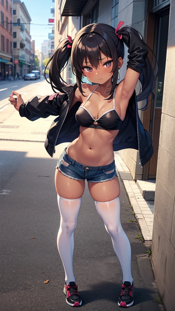 masterpiece, best quality, ultra detailed, 1girl, dark skin, twin tails, thighhighs, (micro short shorts), tube top, full body, jacket over, street, medium breasts, armpit, 