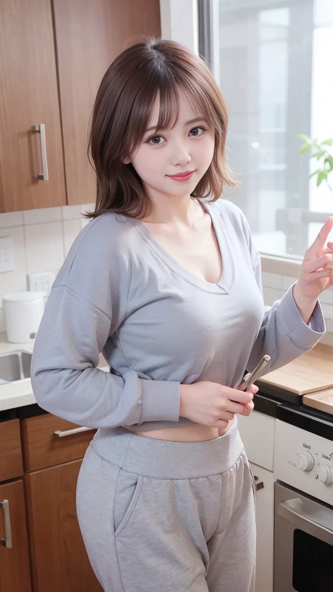 masterpiece,extremely detailed,CG,unity,8, wallpaper,best quality,realistic,photo-realistic,RAW photo,artistc,finely detail,award winning photo,Grand Prix Award photo,professional lighting,Miss Contest winner,intellectual,cute,1lady,japanese cute lady,35years old,brown hair,boysh short hair,brown eyes,medium breast,v-neck sweat,black sweat,downblouse,long sleeve,sweat pants,gray pants,standing,in the cooking,kitchen,smile