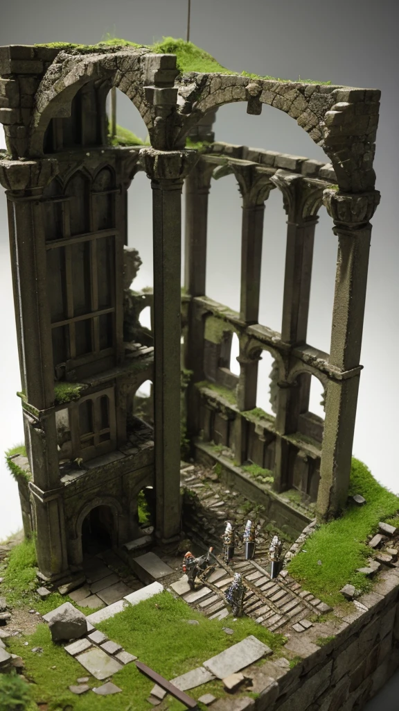 A diorama of a two-sworded knight and ruins