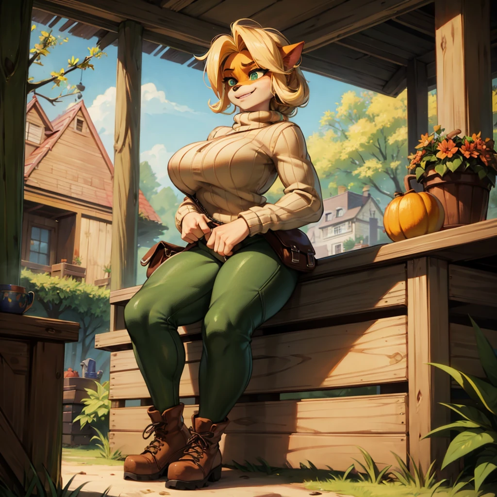  sancy anthro bandicoot girl redhead, braided hair, beautiful green eyes, sexy ,seductive, warm sweater, , camouflage pants, army boots, , Cozy autumn atmosphere, , the forest, autumn , Girl in sweater, ,trousers, army boots, furry anthro bandicoot, seductive facial expression wide grin , hands to pants,Unzipped Pants, dynamic pose, 