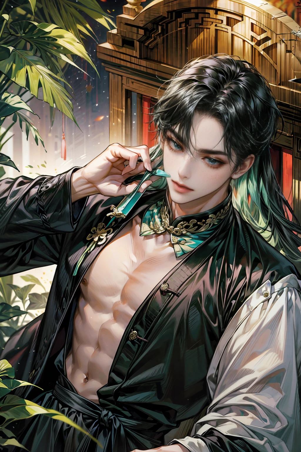 (absurdres, highres, ultra detailed, HDR), masterpiece, intricate details, best quality close-up picture of a character from fire emblem, a character with handsome looks, korean face, original hair, short hair, anime green eyes, smirking face, matured teen, tim Burton theme, topless outfit showing chest, crop top, detailed underworld town setting background, big moon scenery, detailed character, art kenouji