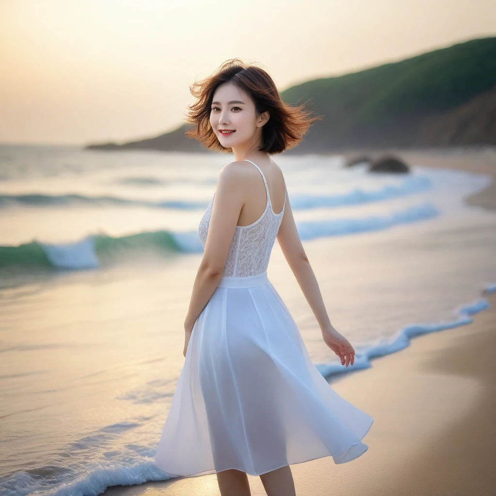 sunset on the beach,바다에 잔광이 비치네sunset on the beach 붉은 태양,A strong lingering scent is reflected in the sea., Beautiful 46-year-old short Korean woman, Chest size 34 inches, Wear sleeveless, white light skirt. beautiful pretty woman look , wearing a light skirt , Go far into the sea water and dip your toes., Short medium hair blowing in the wind, 1 short woman, beautiful eyes, a little smile, Full-body photo taken from afar with a wide-angle lens, The background is clean and perfect., waves moved by the wind, best high definition