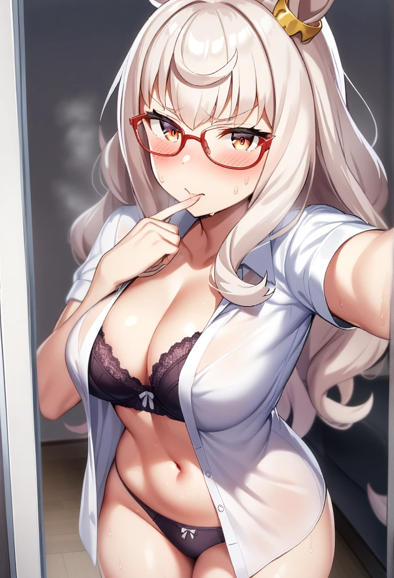 1Girl, Biwa Hayahide(umamusume), (umamusume), umamusume, shiny skin, sweat, blush, glasses, open shirt, bra, panties, looking at viewer, (selfie), masterpiece, best quality, very aesthetic, recent, mid,  