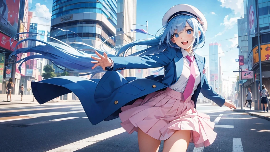 Anime style illustration with a vibrant city background similar to Shibuya. The main characters are a girl with long blue hair and blue eyes wearing a with a pink tie, and a boy with short blue hair wearing a white suit and hat. In this image, the girl is caught mid-jump, her hair and clothes flowing with the motion, and a big smile on her face, while the boy is standing next to her with a look of admiration. The background remains colorful with musical notes floating around