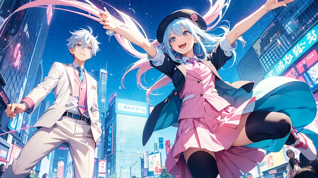 Anime style illustration with a vibrant city background similar to Shibuya. The main characters are a girl with long blue hair and blue eyes wearing a  with a pink tie, and a boy with short blue hair wearing a white suit and hat. In this image, the girl is caught mid-jump, her hair and clothes flowing with the motion, and a big smile on her face, while the boy is standing next to her with a look of admiration. The background remains colorful with musical notes floating around